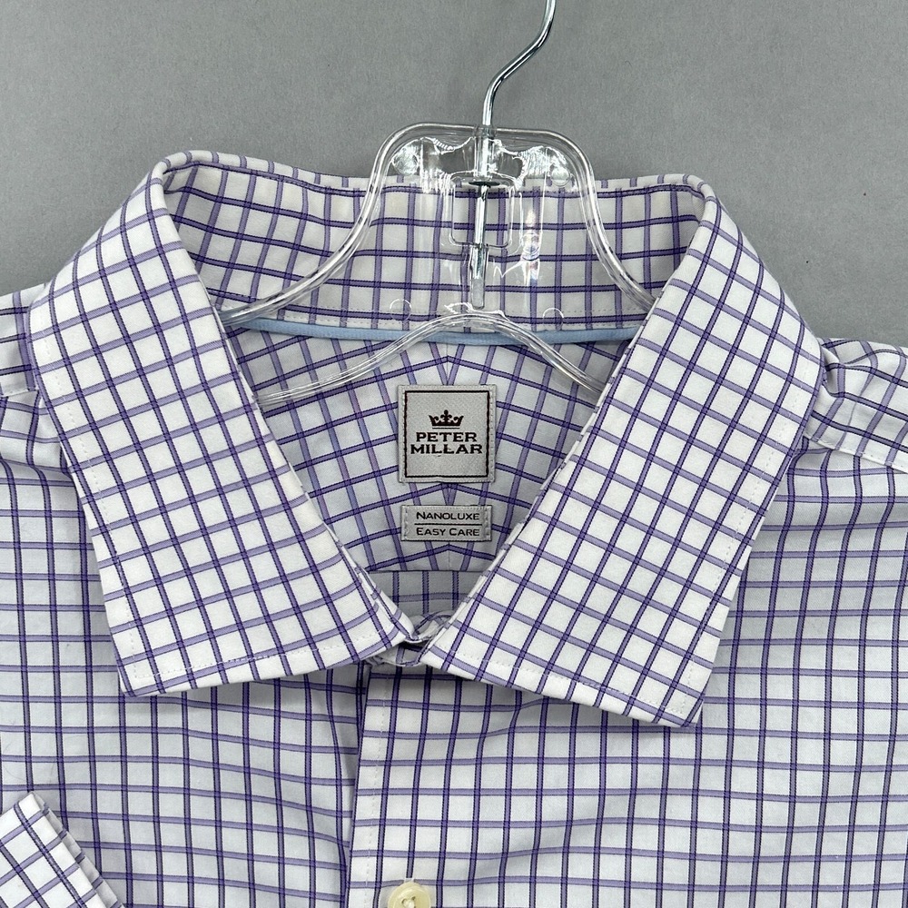 Peter Millar Dress Shirt Mens 17 Long Purple Grid Check Button Up Nanoluxe Dress - Picture 4 of 14